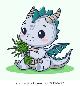 Cute and adorable blue dragon character is holding grass on a white background