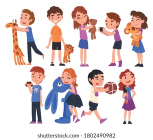 Cute Adorable Boys and Girls Playing with their Favorite Toys Set Cartoon Vector Illustration on White Background