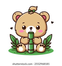 Cute and adorable brown bear character is sitting on green grass holding bamboo on a white background