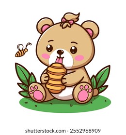 Cute and adorable brown bear character is sitting on green grass holding honey on a white background