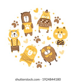 Cute Adorable Brown Bears in Circular Shape Banner Template Hand Drawn Vector Illustration.