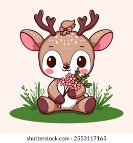 Cute and adorable brown deer character is sitting on green grass holding flowers on a cream background