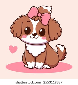 Cute and adorable brown dog character is sitting on pink floor on a pink background and heart