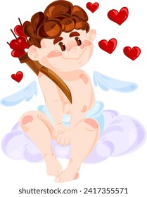 Cute Adorable brown hair Cupid cartoon character with an quiver and hearts, kawaii chibi cupid