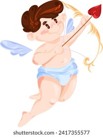 Cute Adorable brown hair Cupid cartoon character with an arrow and a bow, kawaii chibi cupid