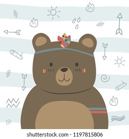 Cute adorable brown teddy bear boho style cartoon doodle background wallpaper vector eps10