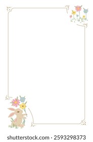 Cute adorable bunny border frame background decorated in beautiful floral flower old story book drawing style for baby shower, birthday invitation, cards, book page, prints, etc
