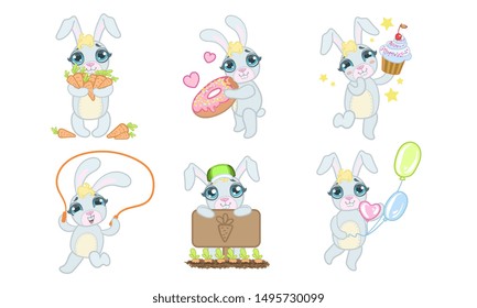 Cute Adorable Bunny Cartoon Character Set, Cheerful Lovely Animal in Different Situations Vector Illustration