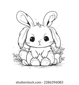 cute and adorable Bunny and Easter , black and white coloring book page, cartoon art, isolated on white background