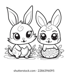 cute and adorable Bunny and Easter , black and white coloring book page, cartoon art, isolated on white background