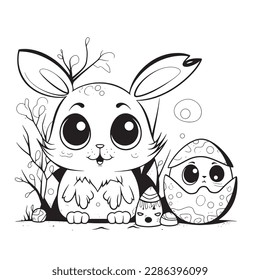 cute and adorable Bunny and Easter , black and white coloring book page, cartoon art, isolated on white background