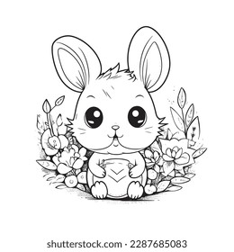 cute and adorable Bunny and Easter , black and white coloring book page, cartoon art, isolated on white background