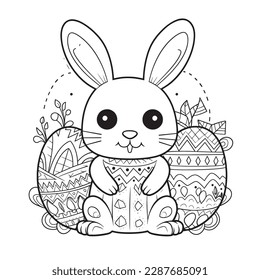süße und bezaubernde Bunny and Osterseite, schwarz-weißer Farbbuchseite, Cartoon Art einzeln auf weißem Hintergrund