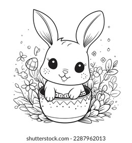 cute and adorable Bunny and Easter , black and white coloring book page, cartoon art, isolated on white background