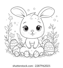 lindo y adorable Bunny and Easter , página de libros en color blanco y negro, arte de dibujos animados, aislado en fondo blanco