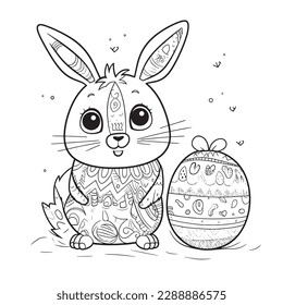 lindo y adorable Bunny and Easter , página de libros en color blanco y negro, arte de dibujos animados, aislado en fondo blanco