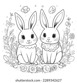 cute and adorable Bunny and Easter , black and white coloring book page, cartoon art, isolated on white background