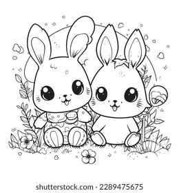cute and adorable Bunny and Easter , black and white coloring book page, cartoon art, isolated on white background