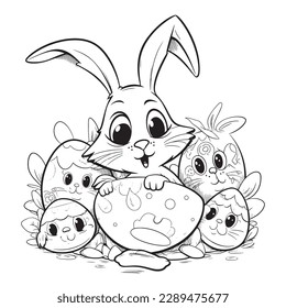 cute and adorable Bunny and Easter , black and white coloring book page, cartoon art, isolated on white background