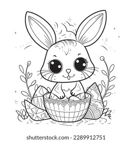cute and adorable Bunny and Easter , black and white coloring book page, cartoon art, isolated on white background