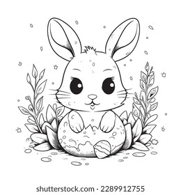 cute and adorable Bunny and Easter , black and white coloring book page, cartoon art, isolated on white background