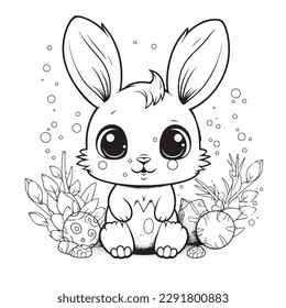 cute and adorable Bunny and Easter , black and white coloring book page, cartoon art, isolated on white background