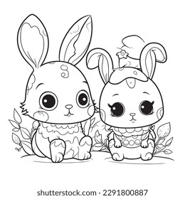 cute and adorable Bunny and Easter , black and white coloring book page, cartoon art, isolated on white background