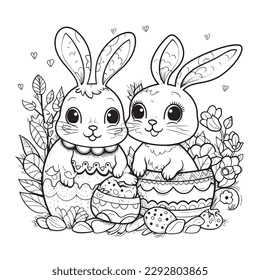 cute and adorable Bunny and Easter , black and white coloring book page, cartoon art, isolated on white background