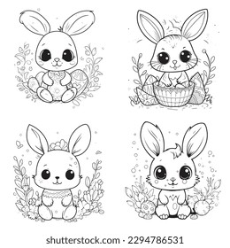 cute and adorable Bunny and Easter , black and white coloring book page, cartoon art, isolated on white background