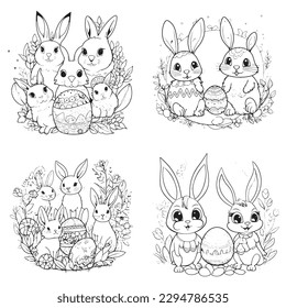 cute and adorable Bunny and Easter , black and white coloring book page, cartoon art, isolated on white background