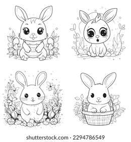cute and adorable Bunny and Easter , black and white coloring book page, cartoon art, isolated on white background