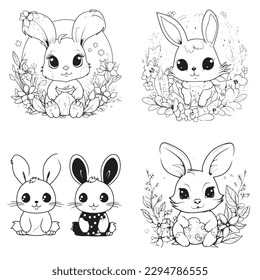 cute and adorable Bunny and Easter , black and white coloring book page, cartoon art, isolated on white background