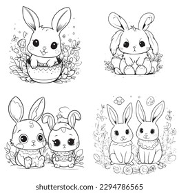 cute and adorable Bunny and Easter , black and white coloring book page, cartoon art, isolated on white background