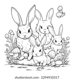 cute and adorable Bunny and Easter , black and white coloring book page, cartoon art, isolated on white background