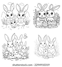 lindo y adorable Bunny and Easter , página de libros en color blanco y negro, arte de dibujos animados, aislado en fondo blanco
