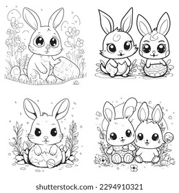 süße und bezaubernde Bunny and Osterseite, schwarz-weißer Farbbuchseite, Cartoon Art einzeln auf weißem Hintergrund