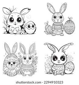 cute and adorable Bunny and Easter , black and white coloring book page, cartoon art, isolated on white background