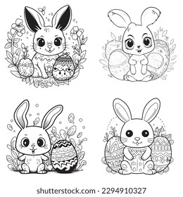 cute and adorable Bunny and Easter , black and white coloring book page, cartoon art, isolated on white background