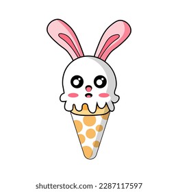 Cute adorable bunny rabbit smiling in sweet ice-cream vector for kid sticker etc.