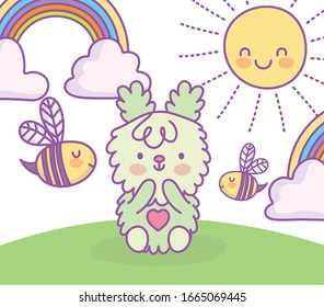 cute adorable bunny sitting in grass with bees rainbow clouds sun cartoon vector illustration