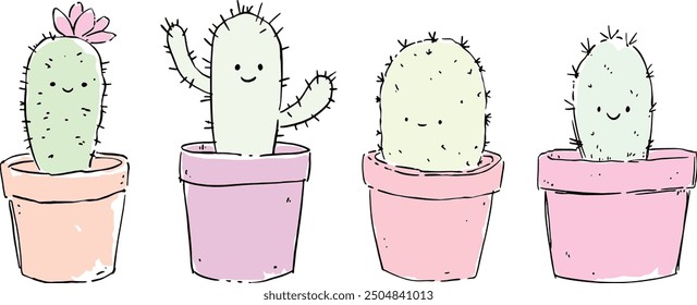 Lindo Adorable Cactus Casa Plantas Pastel Colores Dibujado A Mano Conjunto De Vector Ilustración