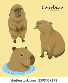 Conjunto de ilustración de personaje dibujado a mano de capibara adorable lindo