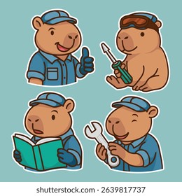 A cute adorable capybara mechanical repair illustation set design