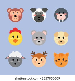 Cute and Adorable Cartoon Animals Face Vector Illustrations