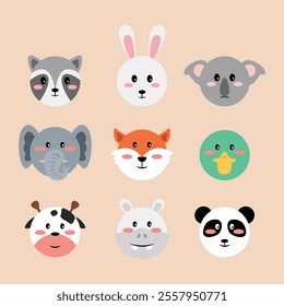 Cute and Adorable Cartoon Animals Face Vector Illustrations