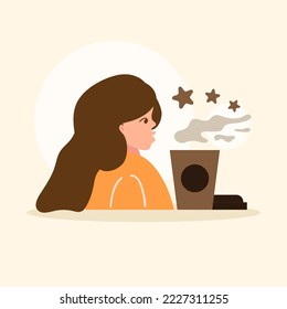 Cute adorable cartoon cafe happy coffee girl woman illustration for sticker icon mascot and logo