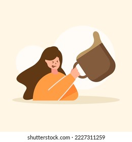 Cute adorable cartoon cafe happy coffee girl woman illustration for sticker icon mascot and logo