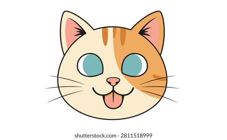 Cute and adorable cartoon cat face with big blue eyes and pink tongue sticking out isolated on a white background.