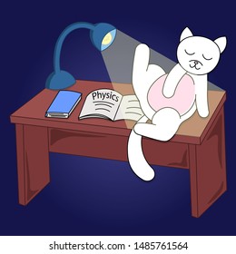 cute adorable cartoon cat sit on table with homework, back to school card, learn with pets, editable vector illustration