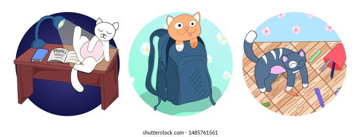 cute adorable cartoon cats icons set, back to school card, learn with pets, editable vector illustration